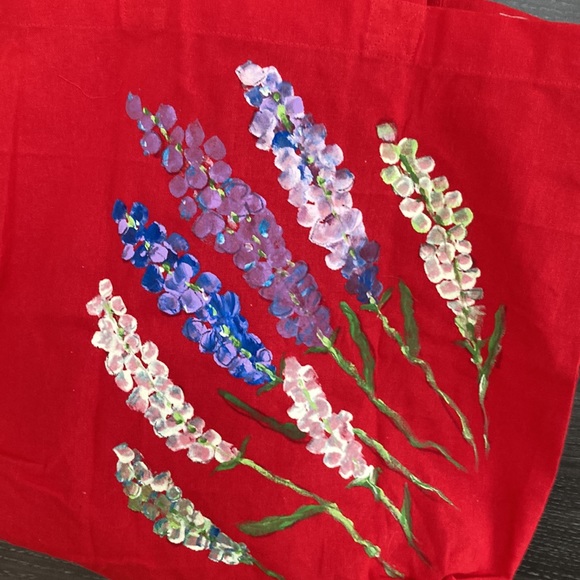 Artisan Painted Lupins on Red Cotton Tote - Picture 1 of 5
